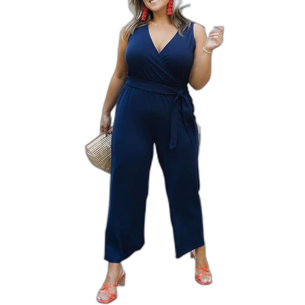 👗 The Drop L Sleeveless Wrap Jumpsuit Navy Stretch Knit @caralynmirand NWT